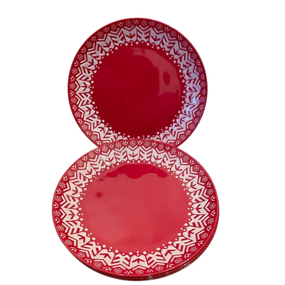Holiday Red & White Melamine 11in Dinner Plates Set of 4 Christmas Snow New